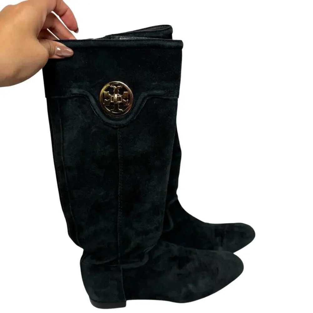 TORY BURCH BLACK SUEDE KNEE LENGTH FLAT BOOTS ZIPPER & GOLD LOGO MEDALLION 7.5